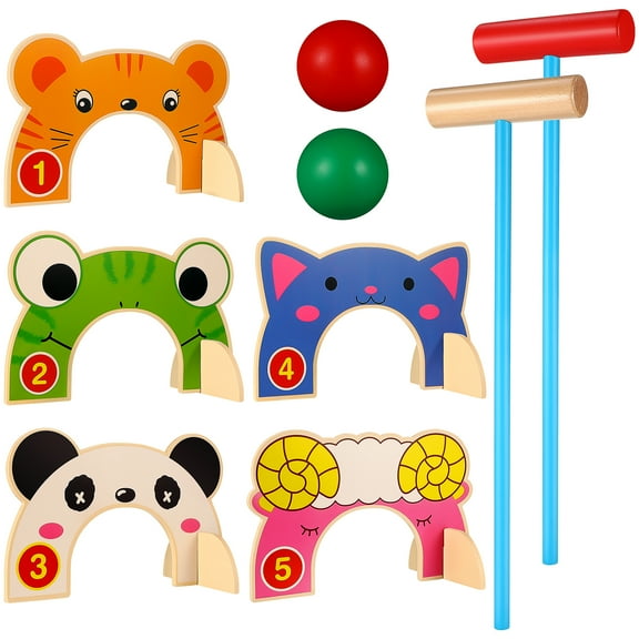 Kids Croquet Set Cartoon Wooden Animal Croquet Toy Set Funny Lawn Games for Boys Girls