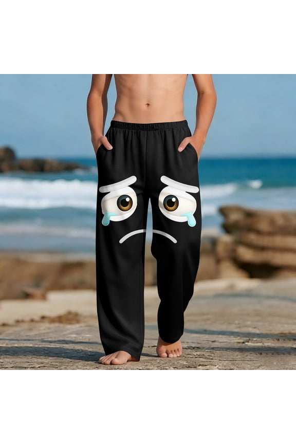 Kids' Crying Laughing Face Emoji Pjs Pants, Boys' Soft Graphic Beach Pants with Pocket, Black, Elastic Waist,Size 4 T