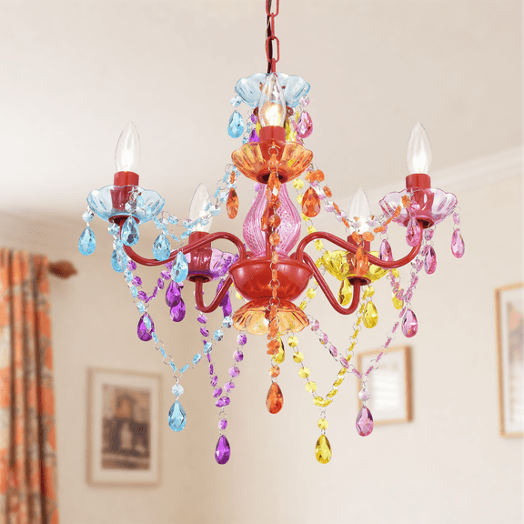 Kids Crystal Chandelier, 5-Light Multicolor Acrylic Ceiling Light Fixture for Girls Room, Kids Bedroom, Playroom, Nursery,E12 Base