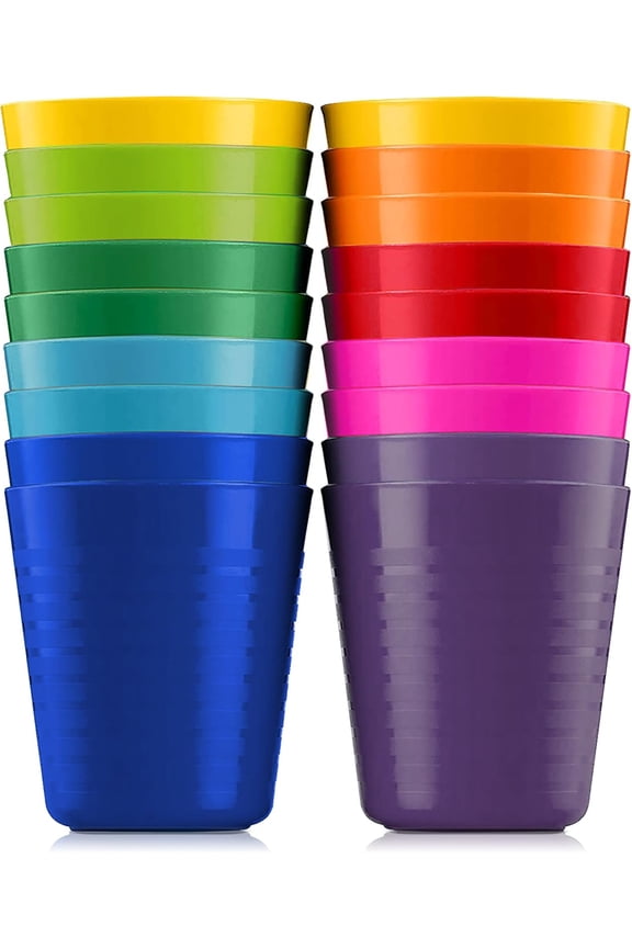 Kids Cups - Set of 18 Plastic Toddler Cups 8 Ounce Children Drinking Cups Tumblers 9 Assorted Colors - Reusable Dishwasher Safe BPA Free Cups for Kids and Toddlers