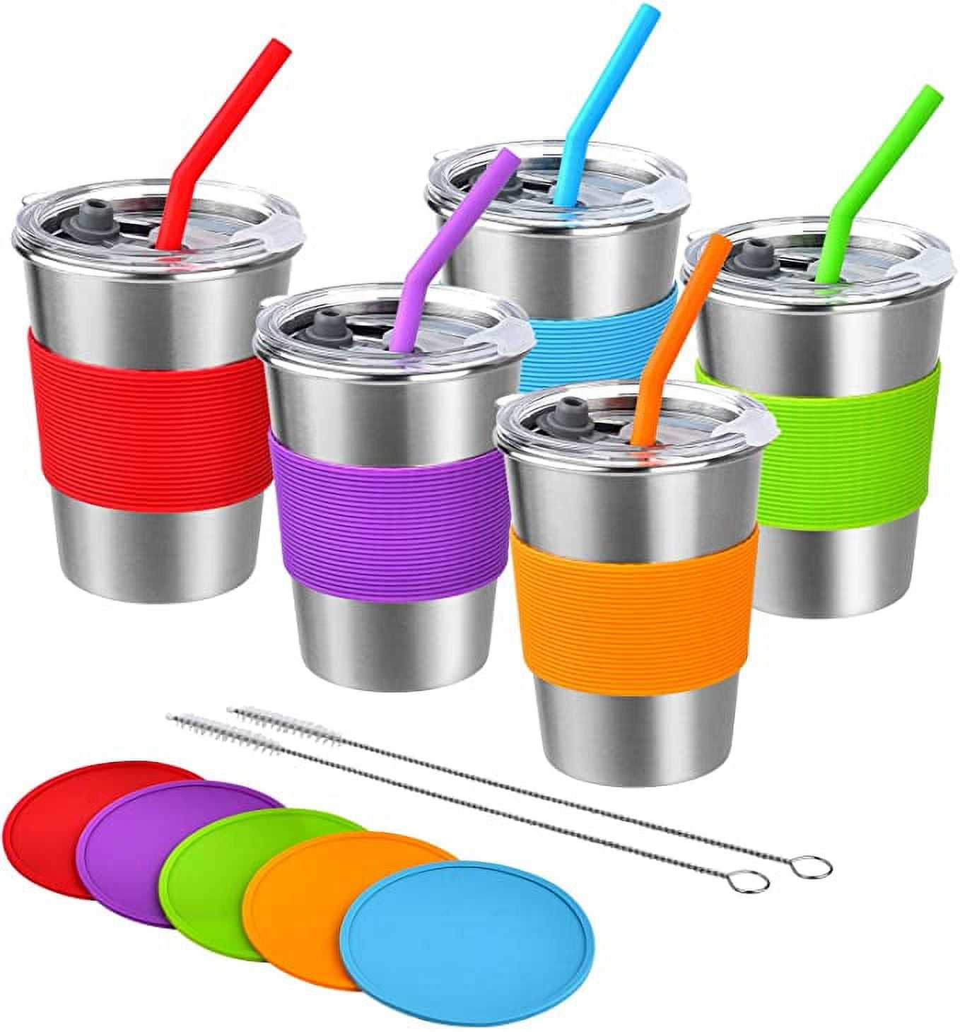 Kids Cups with Straw and Lid Spill Proof, 5 Pack 12oz Stainless Steel  Drinking Tumbler with Coasters,Unbreakable Water Glasses,BPA-Free Metal Sippy  Mug for Toddler,Children,Adult, Indoor, Outdoor 
