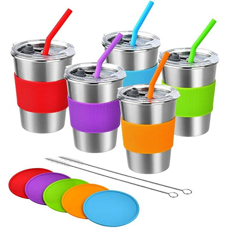 Kids Cups with Straw and Lid Spill Proof, 5 Pack 12oz Stainless Steel  Drinking Tumbler with Coasters,Unbreakable Water Glasses,BPA-Free Metal  Sippy