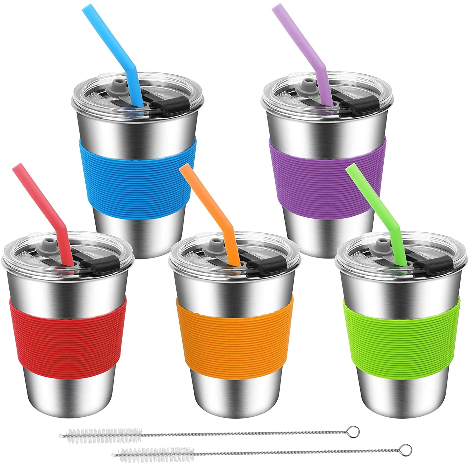 Kids Cups with Straws and Lids, 12oz Kids Metal Drinking Glasses with Spill Proof Lids & Silicone Straws, Stainless Steel Reusable Water Tumblers for Children and Adults (5pack)