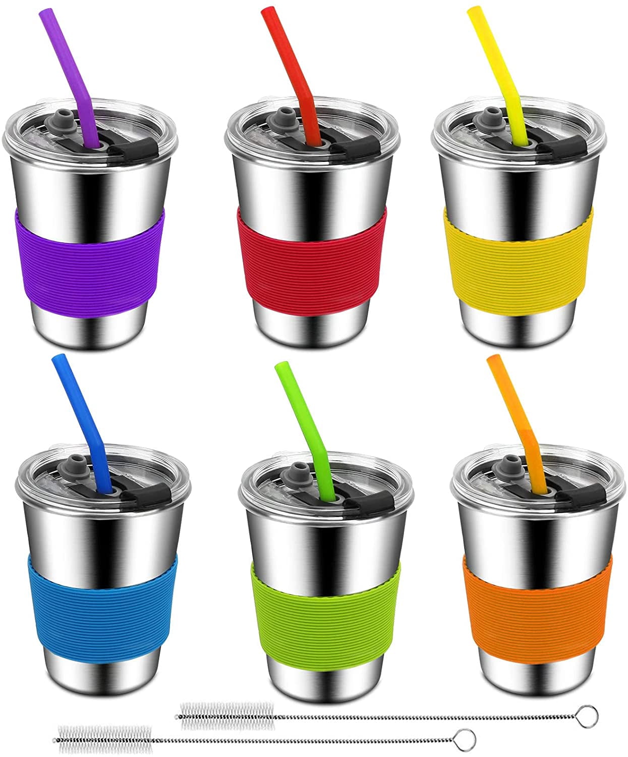 Kids Cups with Straws and Lids, 12oz Spill Proof Toddle Straw Cups with Sleeves, Reusable Water Tumbler for Cold & Hot Drinks, Stainless Steel Sippy Cup 6 Pack