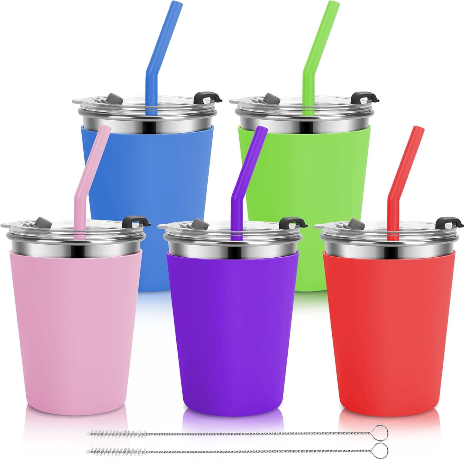 Kids Cups with Straws and Lids, 5 Pack 12oz Spill Proof Toddlers Straw Cup with Lid, Stainless Steel Kids Cups with Lids for School, Outdoor, Multicolor
