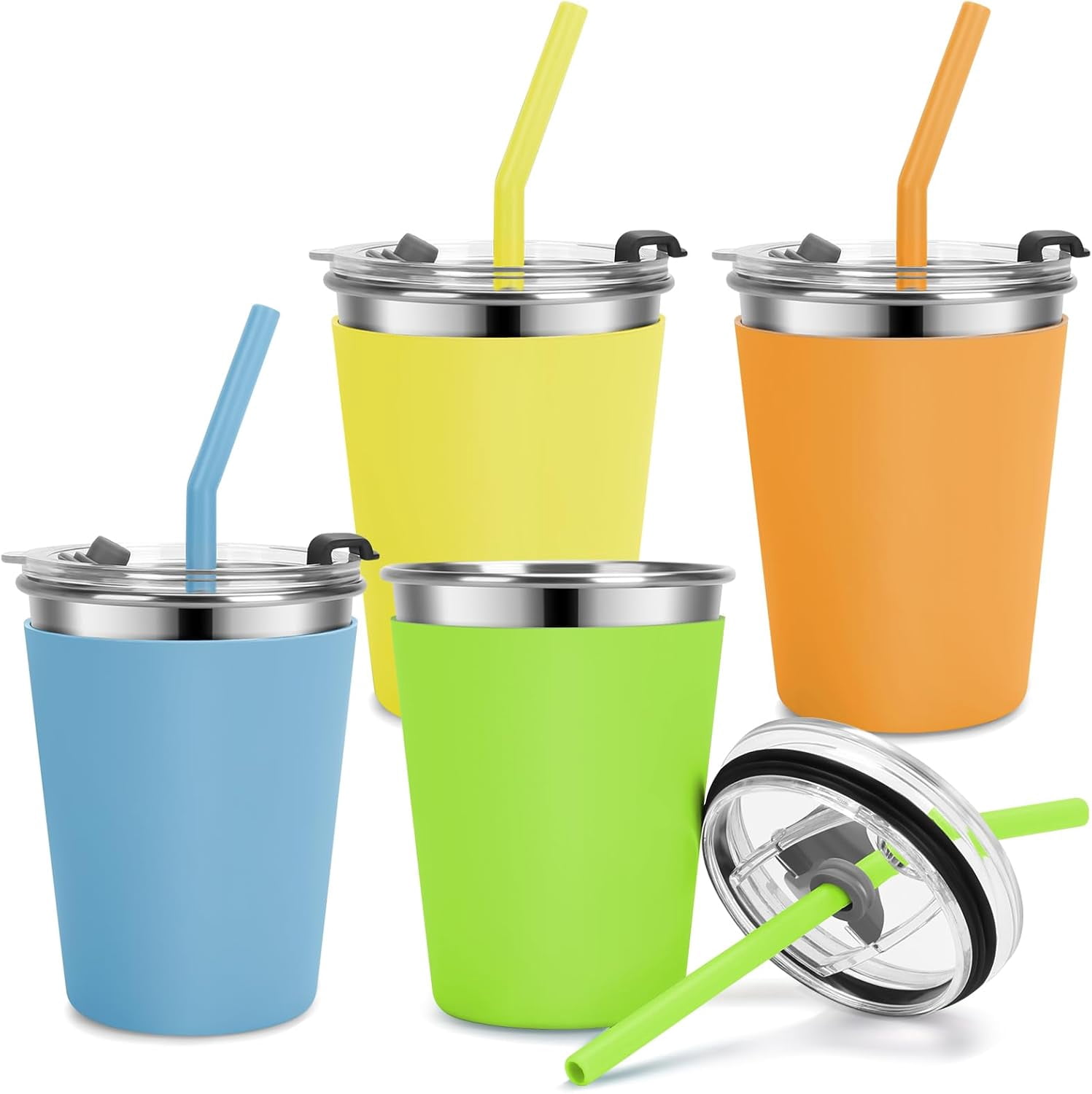 Kids Cups with Straws and Lids Leak Proof, 12oz Sippy Cups for Toddlers 1-3, 4 Pack Spill Proof Cup Stainless Steel Kids Cups with Lids for School, Outdoor