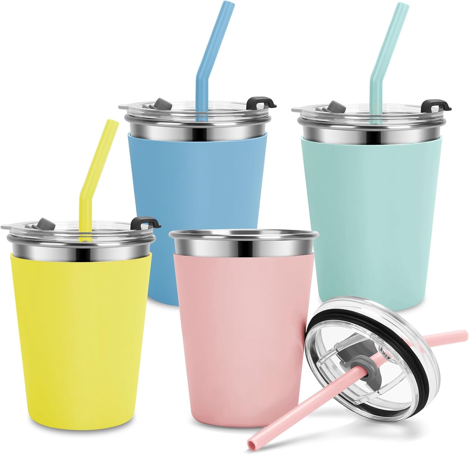 Kids Cups with Straws and Lids Leak Proof, 12oz Sippy Cups for Toddlers 1-3 No Spill, 4 Pack Toddler Cup Spill Proof Stainless Steel Kids Cup with Lids for School, Outdoor