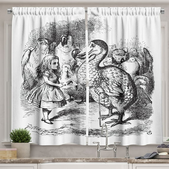 Kids Curtains 2 Panels Set, Alice in Wonderland with Dodo Animal Adventures Big Bird Sketch Children Theme, Window Drapes for Living Room Bedroom, 55W X 39L Inches, Black and White, by Ambesonne