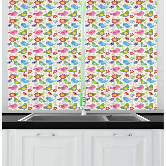 Kids Curtains 2 Panels Set, Blue and Pink Birds Butterflies Hearts and Flowers Lovely Nature Theme Cheery Pattern, Window Drapes for Living Room Bedroom, 55W X 39L Inches, Multicolor, by Ambesonne