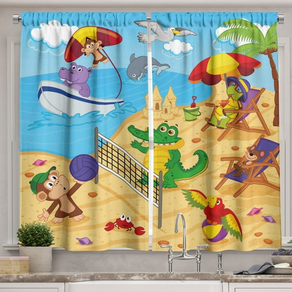 Kids Curtains 2 Panels Set, Cartoon Style Animals Playing on Beach Monkey Hippo Dolphin Exotic Summer Illustration, Window Drapes for Living Room Bedroom, 55W X 39L Inches, Multicolor, by Ambesonne