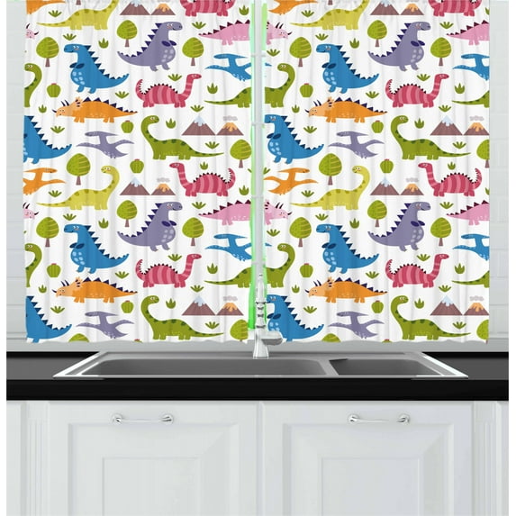 Kids Curtains 2 Panels Set, Cartoon Style Colorful Lovely Dinosaurs T-Rex Triceratops Prehistoric Reptile Wildlife, Window Drapes for Living Room Bedroom, 55W X 39L Inches, Multicolor, by Ambesonne