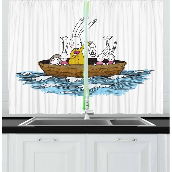 Kids Curtains 2 Panels Set, Cartoon Style Hare Family and a Hedgehog on a Sea Adventure Little Birds and Lantern, Window Drapes for Living Room Bedroom, 55W X 39L Inches, Multicolor, by Ambesonne