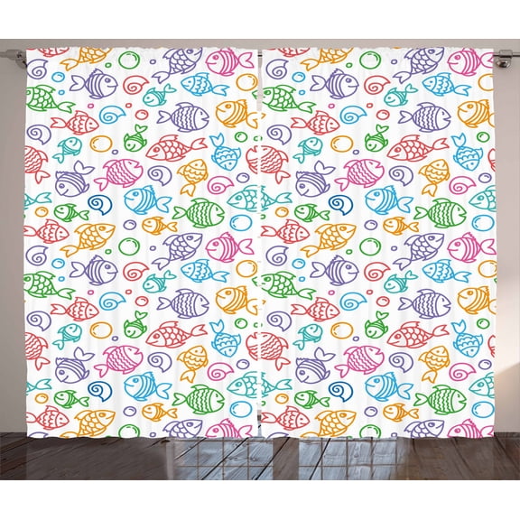 Ambesonne Fish Curtains 2 Panel Set, Doodle Fish Happy Aquarium, 108" x 84", Multicolor