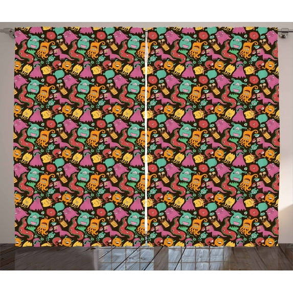 Ambesonne Cartoon Curtains 2 Panel Set, Colorful Monster Pattern, 108" x 84", Multicolor
