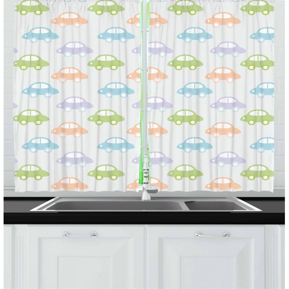 Kids Curtains 2 Panels Set, Cute Cars Pastel Colored Automobiles Boys City Joyful Game Toys Childhood Inspired, Window Drapes for Living Room Bedroom, 55W X 39L Inches, Multicolor, by Ambesonne
