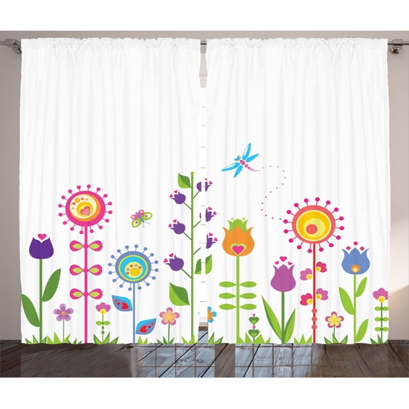 Ambesonne Cartoon Curtains 2 Panel Set, Whimsical Summer Floral, 108" x 90", Multicolor
