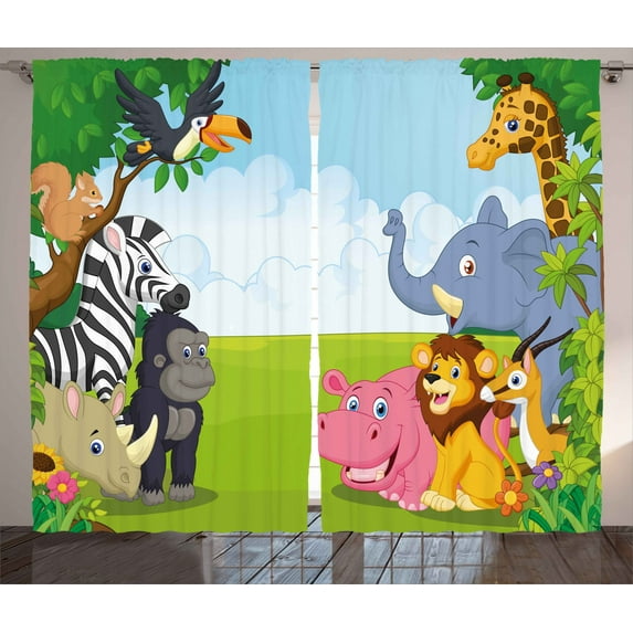 Ambesonne Animal Curtains 2 Panel Set, Savannah Animals Cartoon, 108" x 108", Multicolor