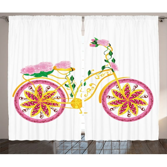 Ambesonne Cartoon Curtains 2 Panel Set, Pink Bike Floral Ornament, 108" x 84", Pink Yellow