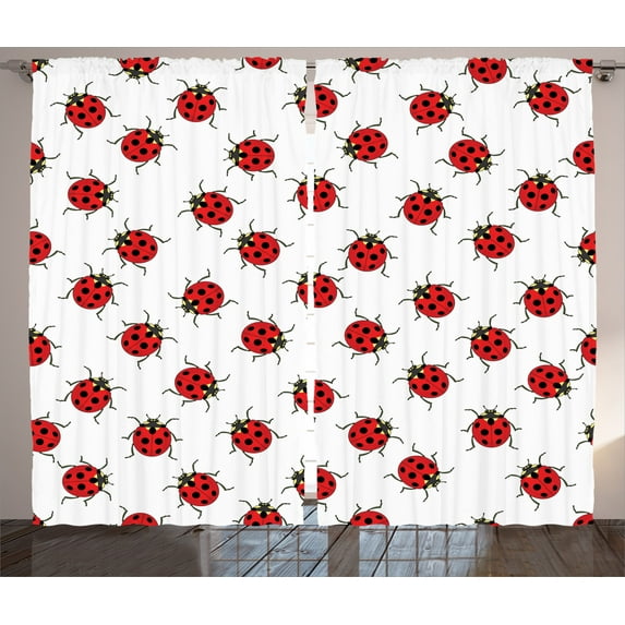 Ambesonne Cartoon Curtains 2 Panel Set, Ladybugs Funny Art Pattern, 108" x 90", White and Red