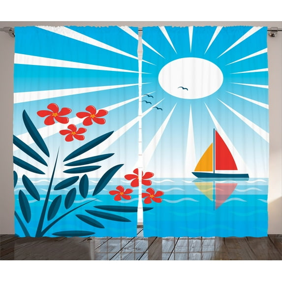 Ambesonne Cartoon Curtains 2 Panel Set, Oleanders and Sailboat, 108" x 84", Blue Orange White