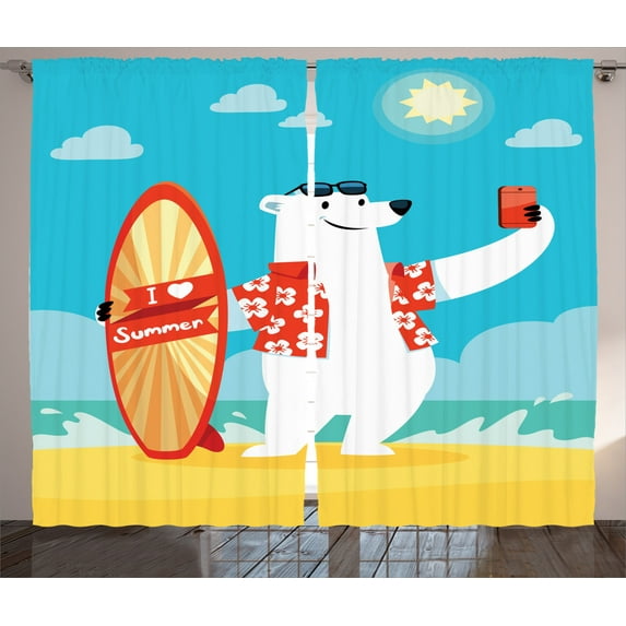 Ambesonne Cartoon Curtains 2 Panel Set, Polar Bear Selfie Surf, 108" x 90", Aqua Yellow