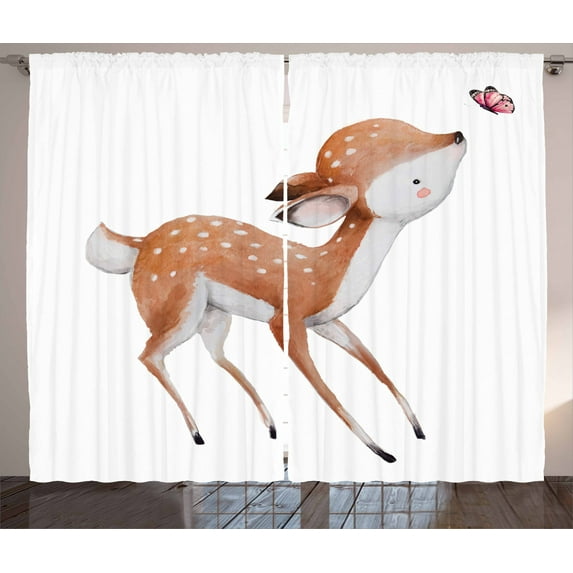 Ambesonne Deer Curtains 2 Panel Set, Young Deer and Butterfly, 108" x 63", Pale Caramel Coconut
