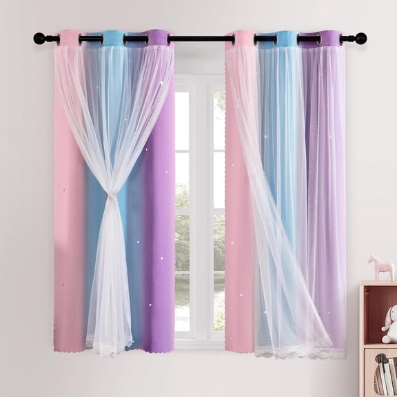 Kids Curtains 45 Inch Length for Girls Bedroom 2 Panels Blackout Short Nursery Room Darkening Window Drape Unicorn Princess Theme Decor Grommet Top Pink/Purple/Blue 42x45