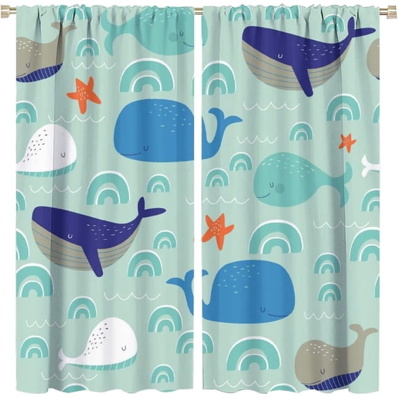 Kids Curtains for Bathroom Decor Cute Cartoon Fish Whales Sea Animal Ocean Theme Rod Sleeves Window Drapes for Boys Girls Bedroom Living Room Home Decor W52xL84in