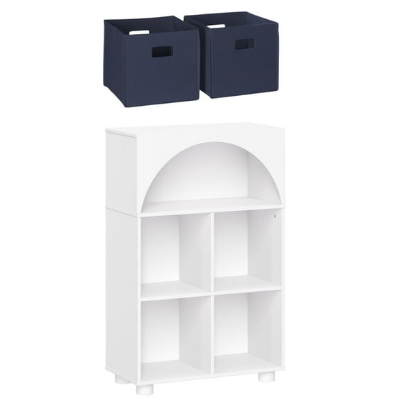 RiverRidge Kids Curve Appeal 23in Arched Bookcase with Cubby Storage Shelf and 2 Navy Bins