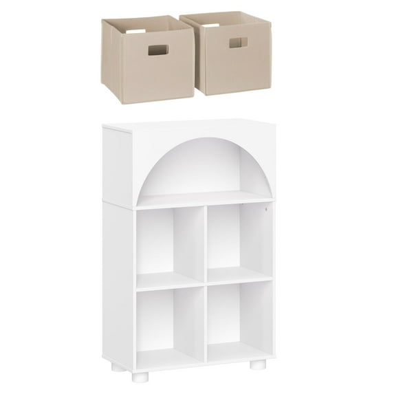 RiverRidge Kid Curve Appeal 23in Arched Bookcase with Cubby Storage Shelf and 2 Taupe Bins