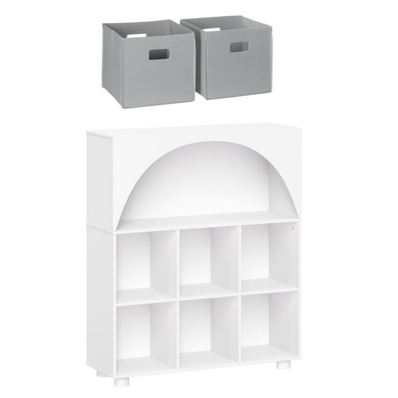 RiverRidge Kids Curve Appeal 35in Arched Bookcase with Cubby Storage Shelf and 2 Gray Bins