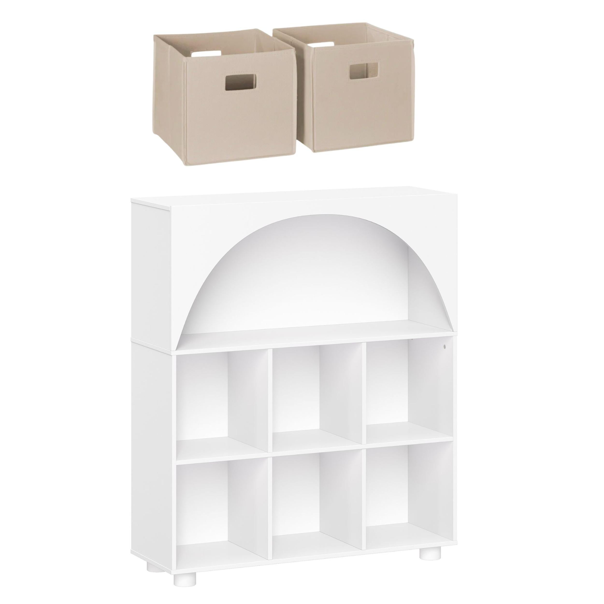 RiverRidge Kid Curve Appeal 35in Arched Bookcase with Cubby Storage Shelf and 2 Taupe Bins