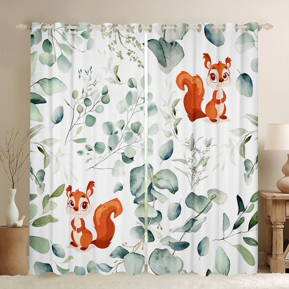 Cute Animal Curtains & Drapes Cartoon Squirrel Curtains, Spring Eucalyptus Blackout Curtains Watercolor Leaves Living Room Curtains, Kawaii Woodland Animal Window Curtains