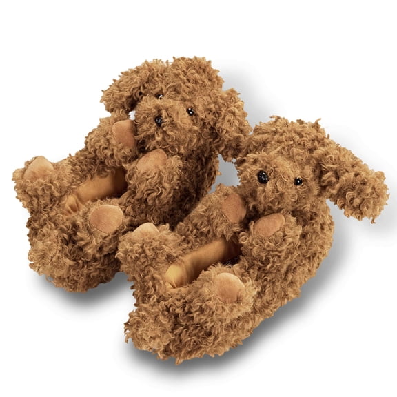 Oooh Geez Kids Funny Animal Fuzzy House Slipper with Grippers for Boys & Girls, Cute Plush Indoor Non-Slip Shoes, Coco the Doodle, Size 1-5
