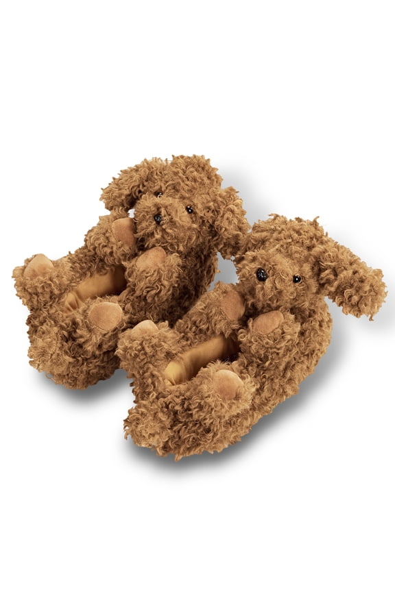 Kids Cute Animal Fuzzy Slippers, Funny Doodle Dog Cozy Non-Slip House for Boys & Girls, Coco, Size 1-4