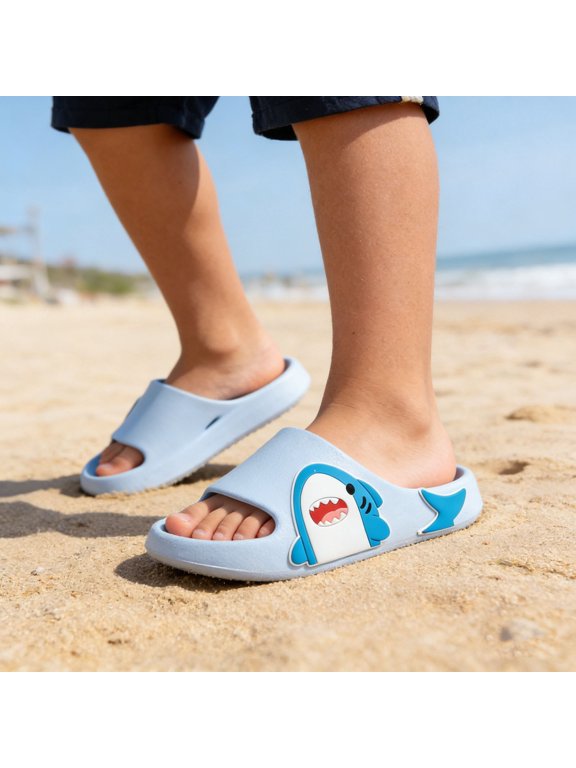 Kids Cute Animal Slippers Open Toe Thick Sole Slides Lightweight Sandals for Summer Daily Play & Beach Activities Blue Size 9-9.5 Years