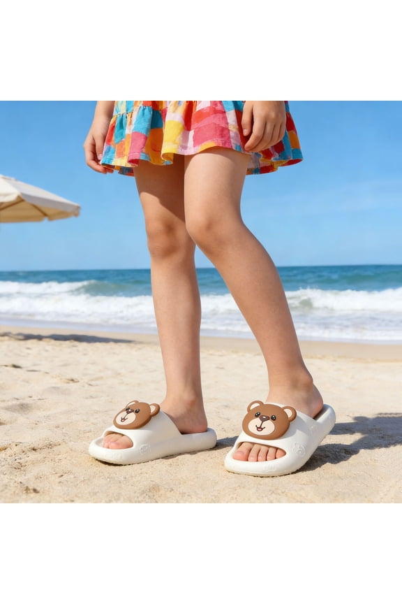 Kids Cute Bear Slide Sandals Boys Girls 3D Cartoon Slippers Soft Thick Sole Summer Slides for Indoor Outdoor Beach White Size 8-9 Years