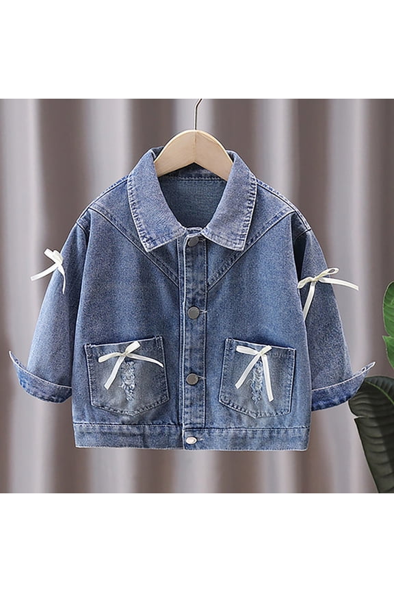 Kids Cute Bow Denim Jacket Button Casual Jean Jackets with Pockets Blue 1Y