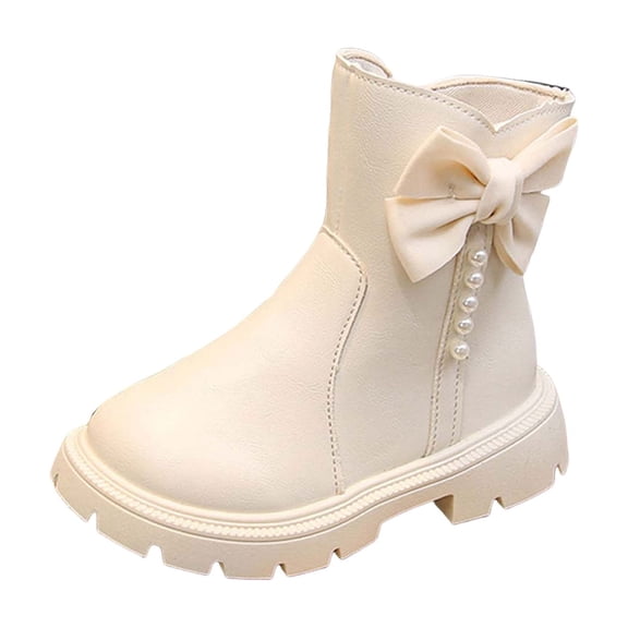 Kids Cute Bows Mid Calf Cowboy Boots for Girls Fashion Pearl Slip On Ankle Boots Wide Calf Leather Riding Booties Beige Size 3 Big Kids