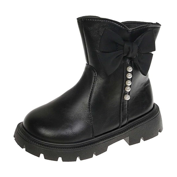 Kids Cute Bows Mid Calf Cowboy Boots for Girls Fashion Pearl Slip On Ankle Boots Wide Calf Leather Riding Booties Black Size 13 Little Child