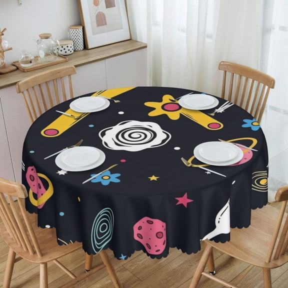 Kids Cute Cartoon Dark Space Galaxy Repeat Round Tablecloth Waterproof Oil Proof Spill Proof Table Cloth 70" for Camping, Dining, Indoor and Outdoor Table Cover