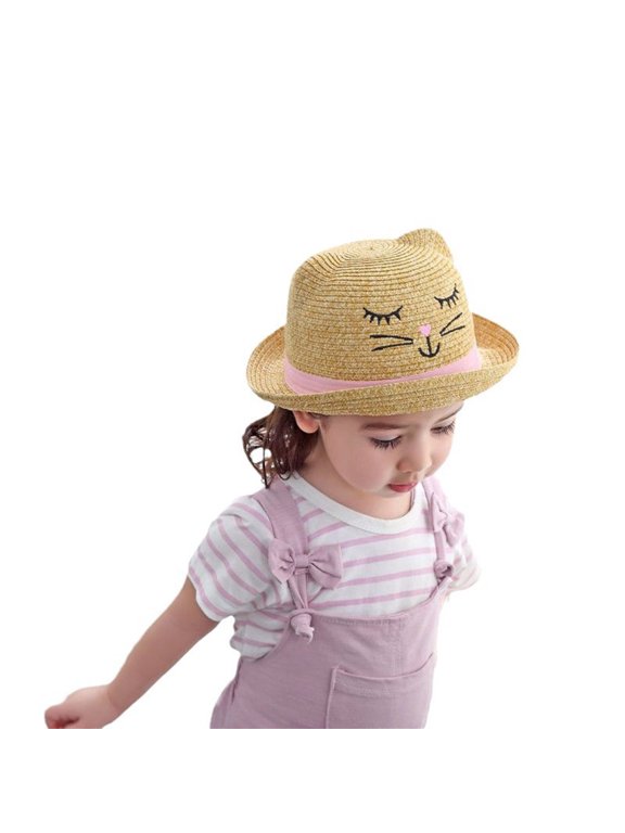 Kids Cute Cat Face Straw Sun Hat UPF 50+ Breathable Beach Hat for Toddlers Girls Size:5-6 Years