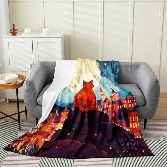 Kids Cute Cat Flannel Fleece Throw Blanket Baby 30"x40" Cartoon Animal Fuzzy Blanket Boys Girls Cute Kitten All Season Bed Blanket Moon Castle Teens Plush Blanket Bedroom Decor Soft