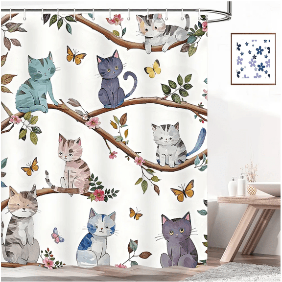 Kids Cute Cat Shower Curtain, Cartoon Pet Kitten Cute Watercolor Pattern Bathroom Shower Curtain Decor, Cute Animal Fun Kittens Floral Flower Branches Leaves Shower Curtain Set with 12 Hooks