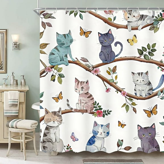 Kids Cute Cat Shower Curtain, Cartoon Pet Kitten Cute Watercolor Pattern Bathroom Shower Curtain Decor, Cute Animal Fun Kittens Floral Flower Branches Leaves Shower Curtain Set with 12 Hooks