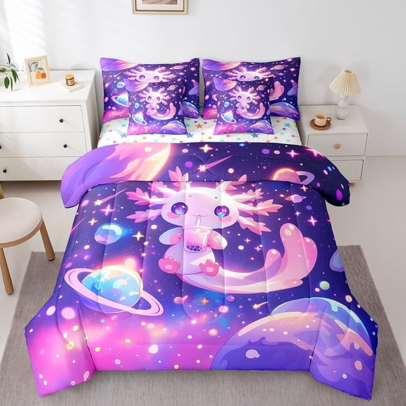 Kids Cute  Comforter Set Twin Size 7 Pieces Bedding Set with Sheets Galaxy Planet Space Cartoon Animal Bed in A Bag Dreamy Starry Teens Bedroom Decor