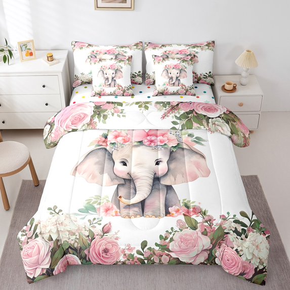 Cute Elephant King Comforter Set 7-Piece Pink Cherry Blossoms Bedding Comforter Sets, Blue Animal Bed in a Bag Rose Floral Bedding Set, Botanical Bed Sheets Set Flower Decor