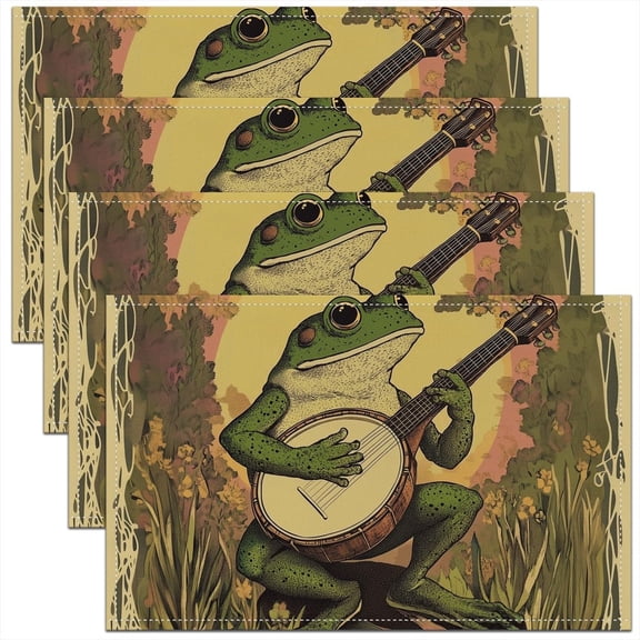 Kids Cute Frog Placemats Set of 4 Boys Girls Rock Music Frog Placemat for Kitchen Dining Table 18"x12" Nature Animal Print Table Place Mats Tropical Leaves Indoor Outdoor Decor Table Mats