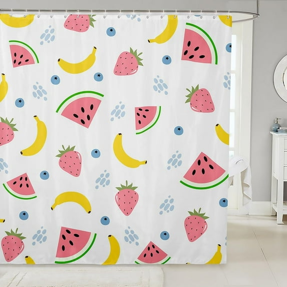 Kids Cute Fruit Bath Curtain Strawberry Bathroom Shower Curtain Set Kawaii Cartoon Fruit Shower Curtain Boys Girls Tropical Fruit Teens Bathroom Accessories Room Decor 72"x84"