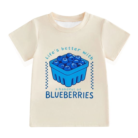 Kids Cute Fruit Print T-Shirt Boys Girls Life's Better with Blueberries Strawberries Letter Print Crew Neck Short Sleeve Tee Summer Casual Daily Outdoor Top(Beige3,13-14 Years)